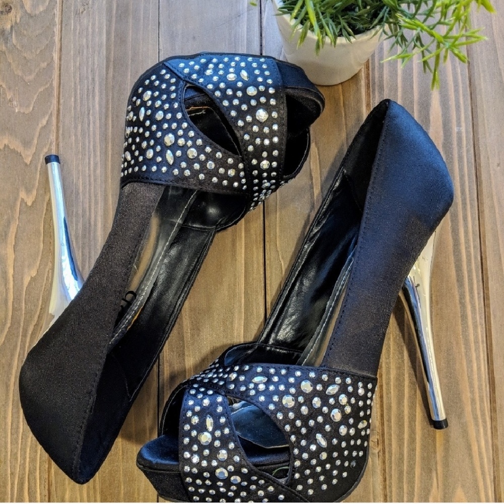 Black Metallic Studded Heels
